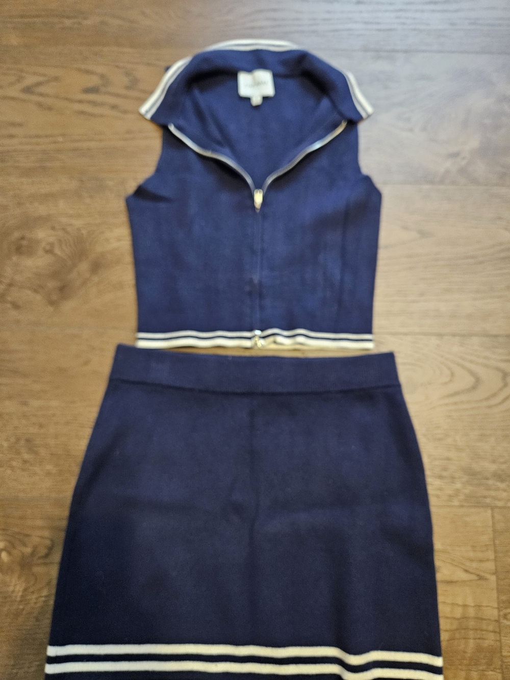Pink Rose Navy Knit Top And Skirt Set with White Stripe Detail